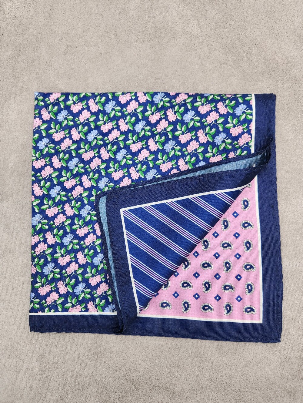 Cremieux Pocket Square Pink Blue 100%Silk 4panels Striped Floral Pochette New$35
